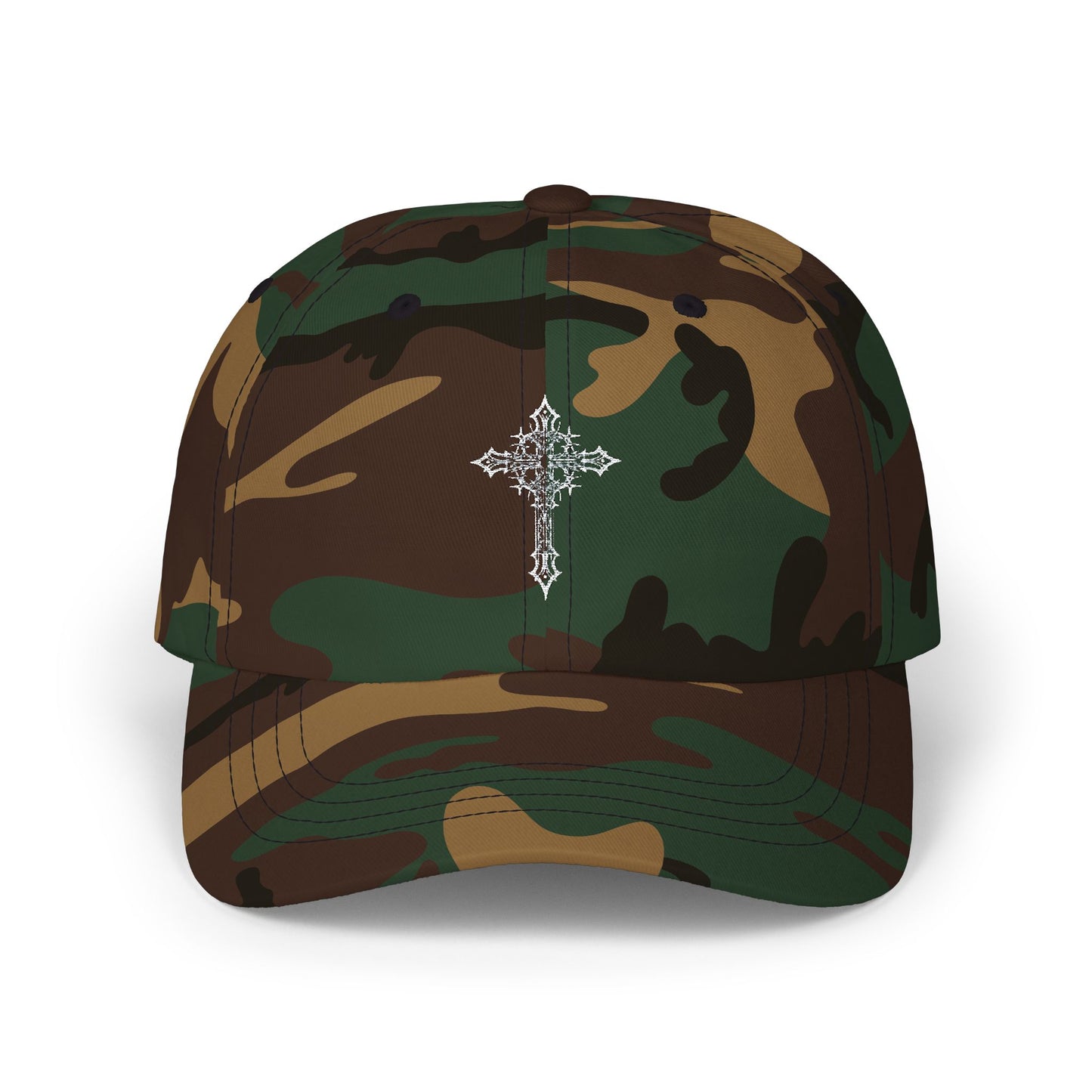 Camo Dad Cap with Rhinestone Cross — Embellished Baseball Hat