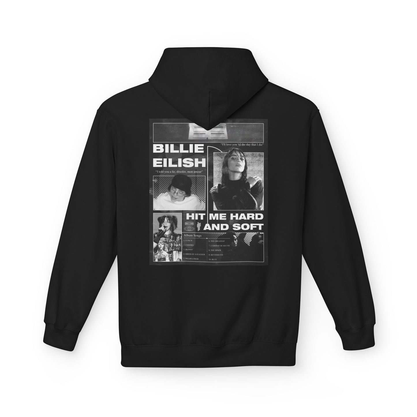 Graphic Hoodie — Retro Black & White Photo Collage "Hit Me Hard and Soft"